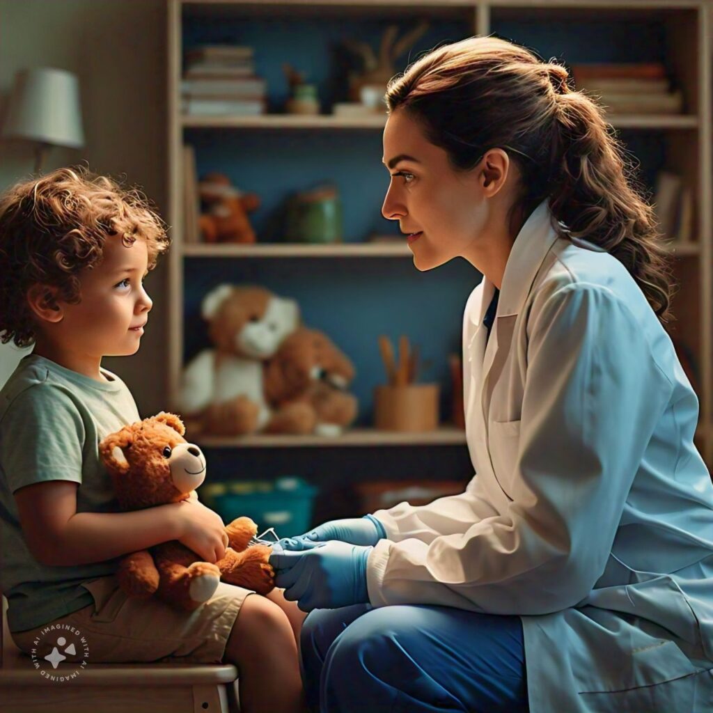 A friendly phlebotomist engaging with a child at home,